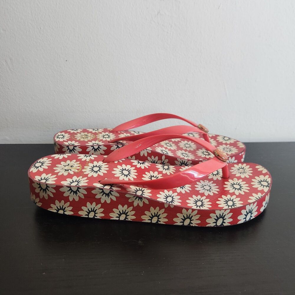 Tory Burch Nantucket daisy red white primrose floral thong sandals wedge lounge